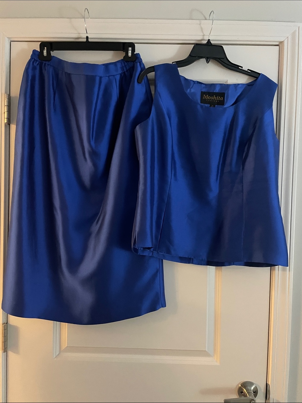 Women's Royal Blue Satin Coat with Belt and top and full length skirt. - Picture 3 of 6